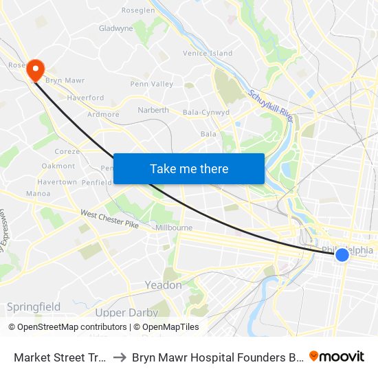 Market Street Trolley to Bryn Mawr Hospital Founders Building map