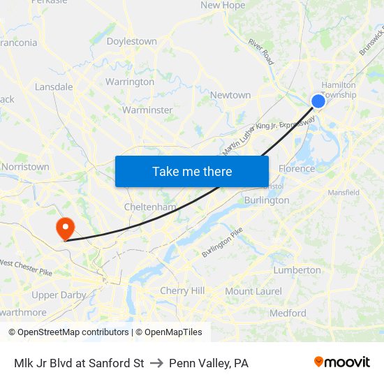 Mlk Jr Blvd at Sanford St to Penn Valley, PA map