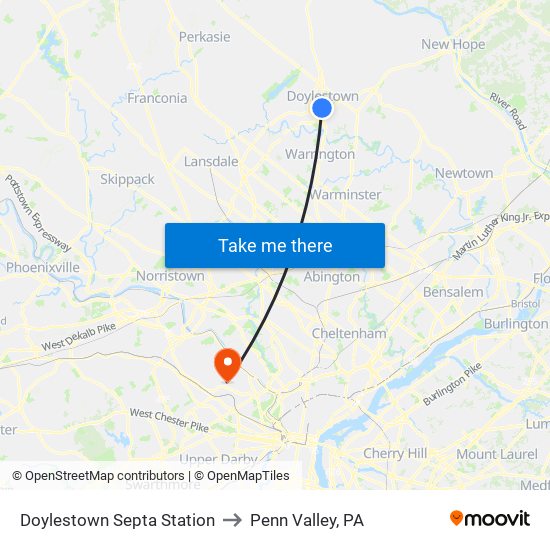 Doylestown Septa Station to Penn Valley, PA map