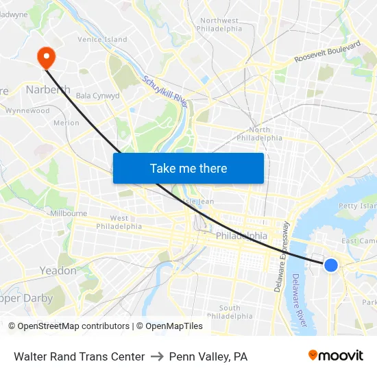 Walter Rand Trans Center to Penn Valley, PA map