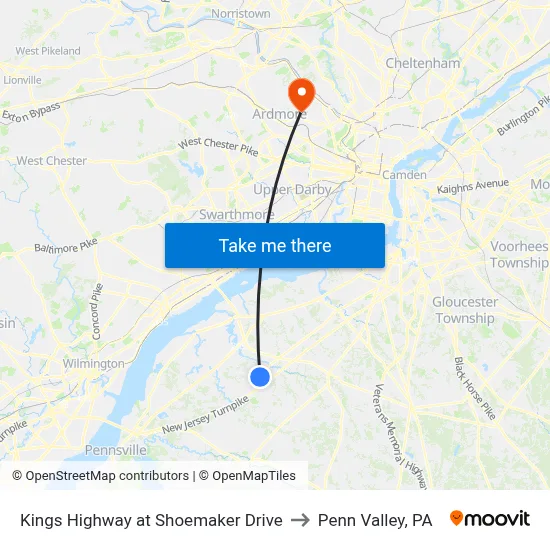 Kings Highway at Shoemaker Drive to Penn Valley, PA map