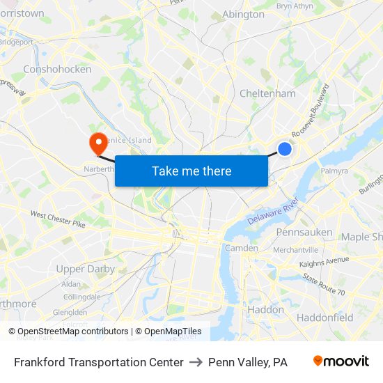 Frankford Transportation Center to Penn Valley, PA map