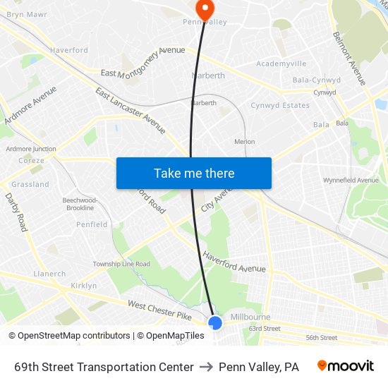 69th Street Transportation Center to Penn Valley, PA map
