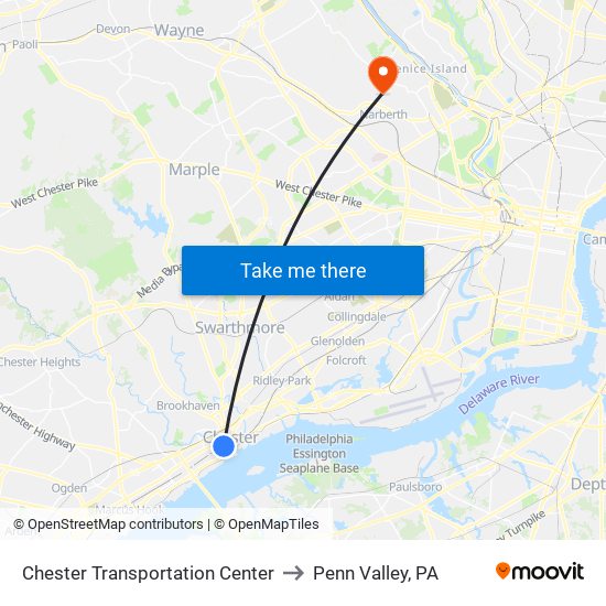 Chester Transportation Center to Penn Valley, PA map