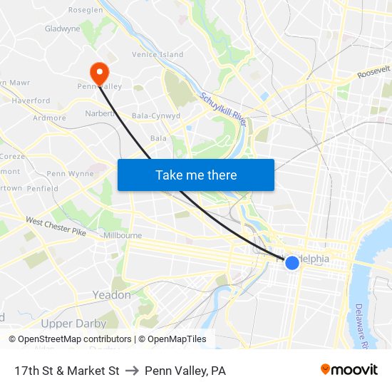 17th St & Market St to Penn Valley, PA map