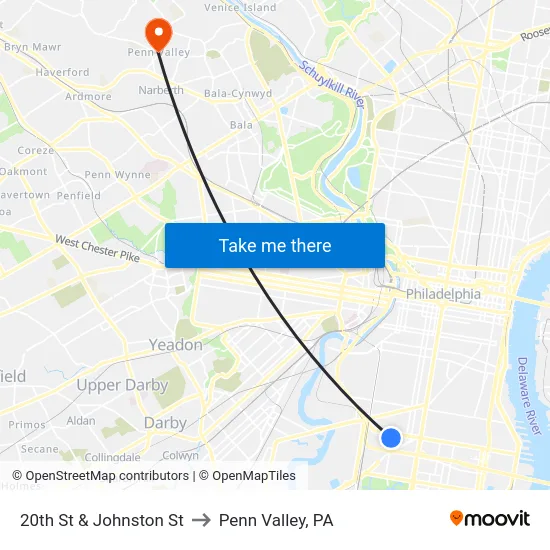 20th St & Johnston St to Penn Valley, PA map