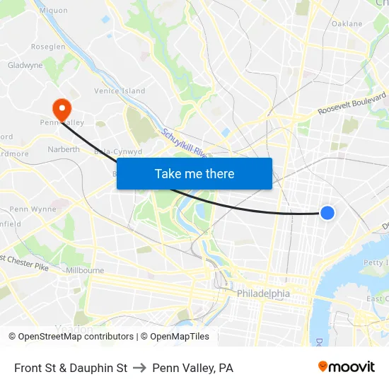 Front St & Dauphin St to Penn Valley, PA map