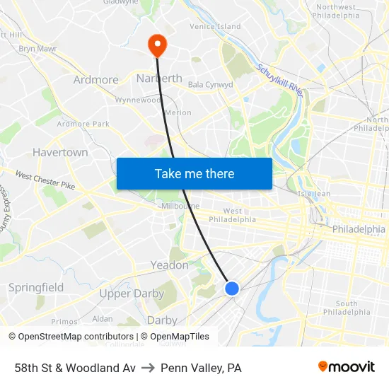 58th St & Woodland Av to Penn Valley, PA map