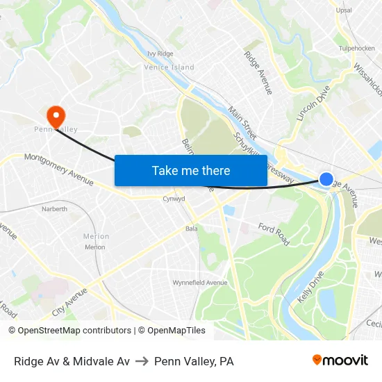 Ridge Av & Midvale Av to Penn Valley, PA map