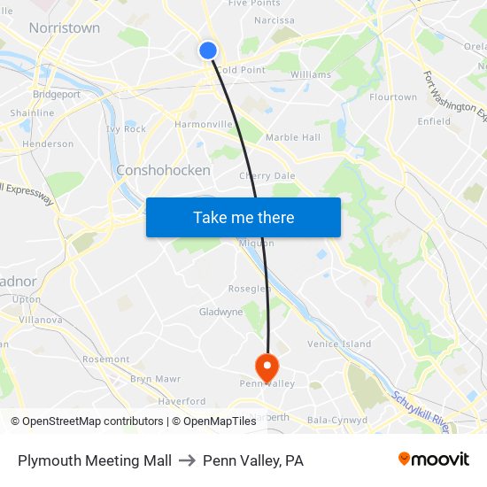 Plymouth Meeting Mall to Penn Valley, PA map