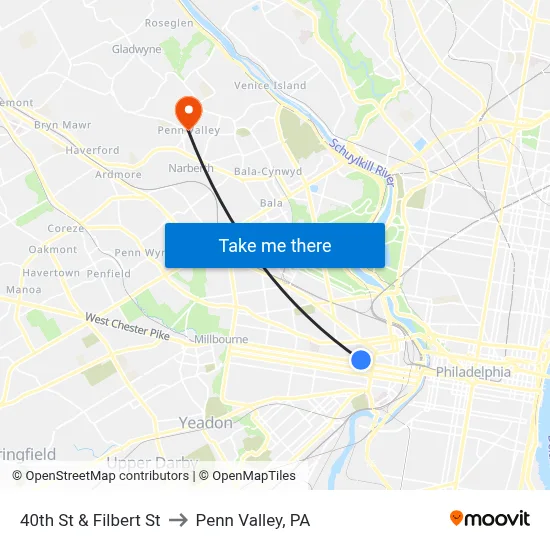 40th St & Filbert St to Penn Valley, PA map