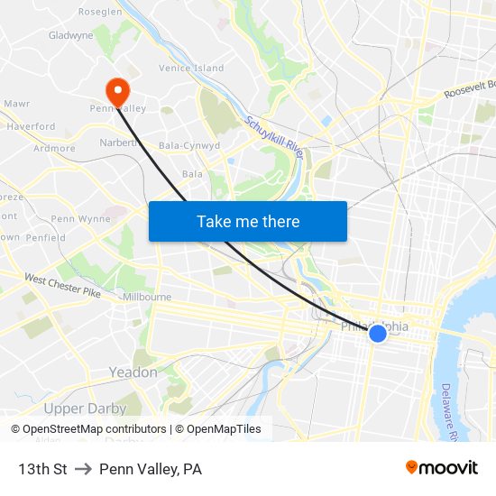 13th St to Penn Valley, PA map