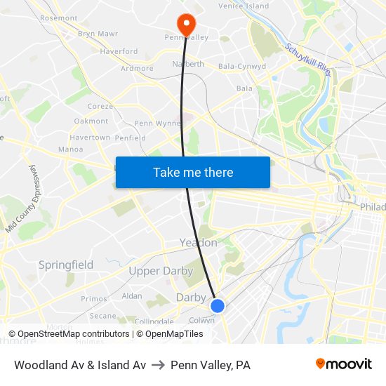 Woodland Av & Island Av to Penn Valley, PA map