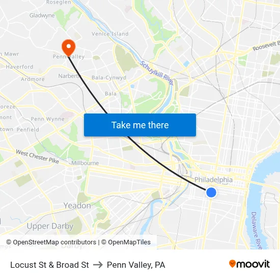 Locust St & Broad St to Penn Valley, PA map