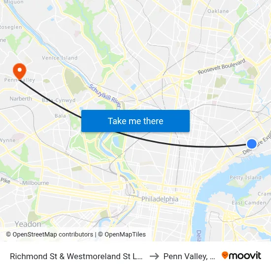 Richmond St & Westmoreland St Loop to Penn Valley, PA map