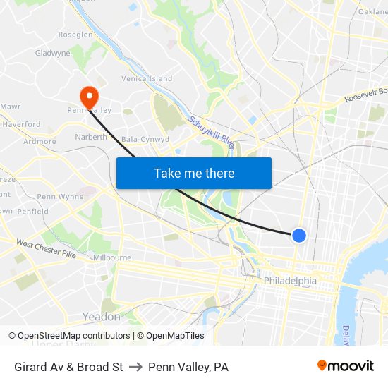 Girard Av & Broad St to Penn Valley, PA map