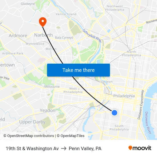 19th St & Washington Av to Penn Valley, PA map