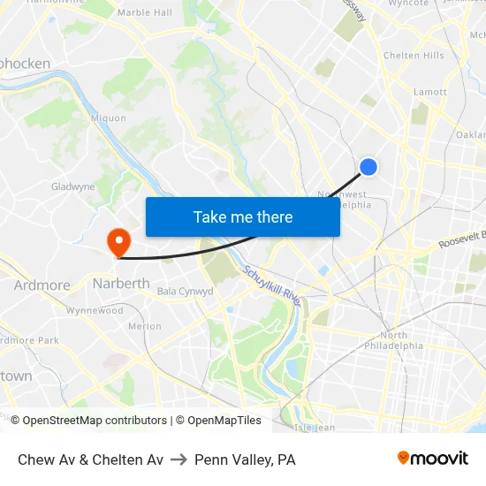 Chew Av & Chelten Av to Penn Valley, PA map