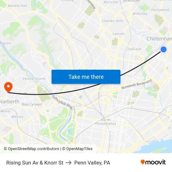 Rising Sun Av & Knorr St to Penn Valley, PA map