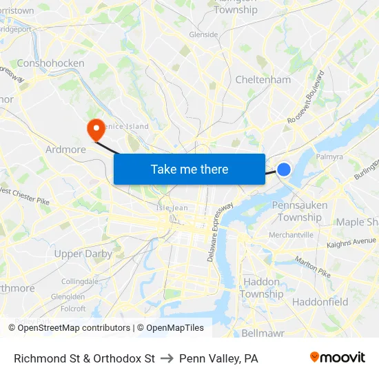 Richmond St & Orthodox St to Penn Valley, PA map