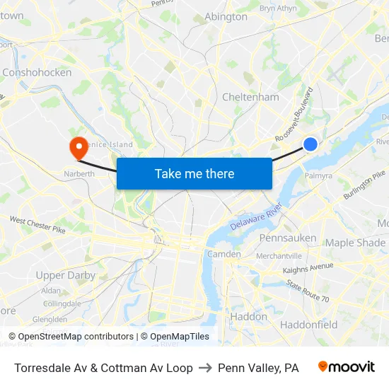 Torresdale Av & Cottman Av Loop to Penn Valley, PA map