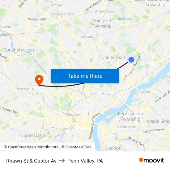 Rhawn St & Castor Av to Penn Valley, PA map