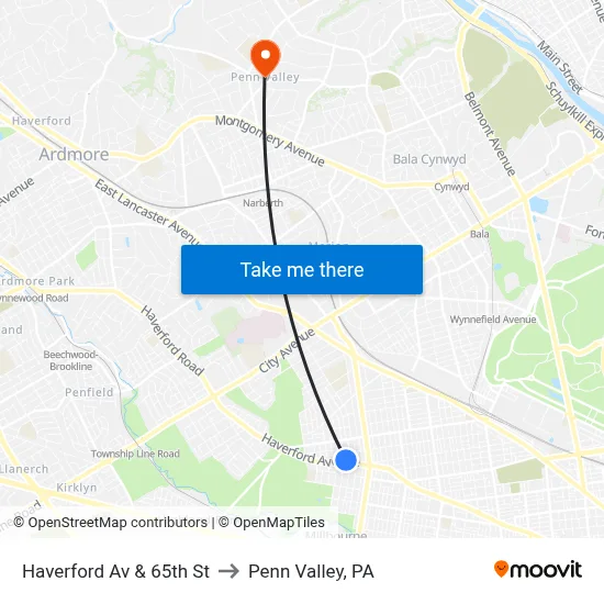 Haverford Av & 65th St to Penn Valley, PA map