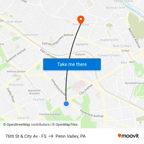 76th St & City Av - FS to Penn Valley, PA map
