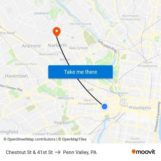 Chestnut St & 41st St to Penn Valley, PA map
