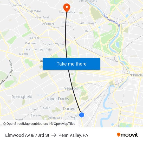 Elmwood Av & 73rd St to Penn Valley, PA map