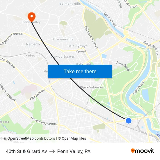 40th St & Girard Av to Penn Valley, PA map