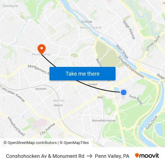 Conshohocken Av & Monument Rd to Penn Valley, PA map