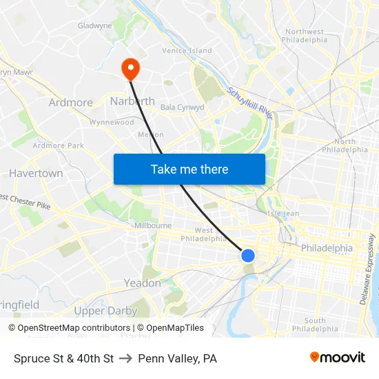 Spruce St & 40th St to Penn Valley, PA map