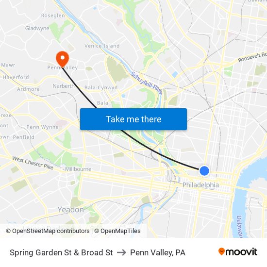 Spring Garden St & Broad St to Penn Valley, PA map