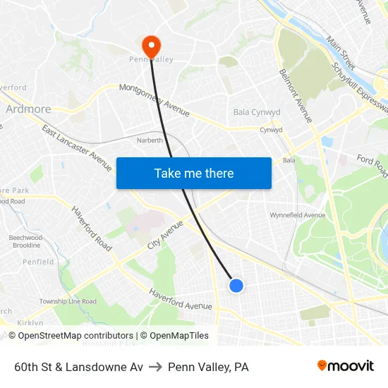 60th St & Lansdowne Av to Penn Valley, PA map