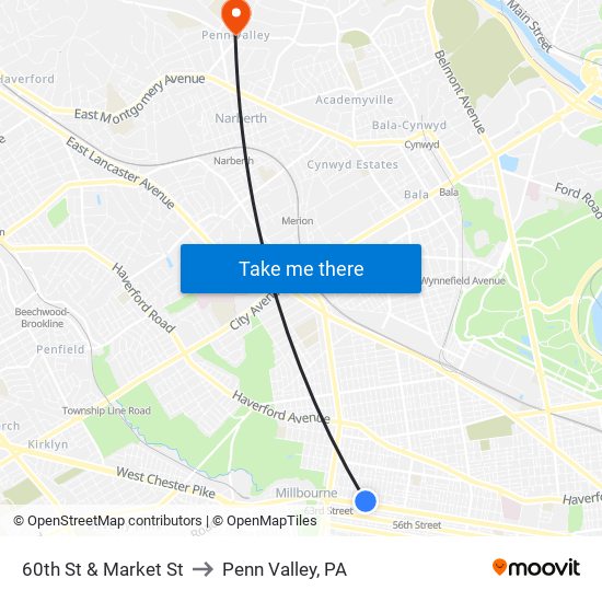 60th St & Market St to Penn Valley, PA map