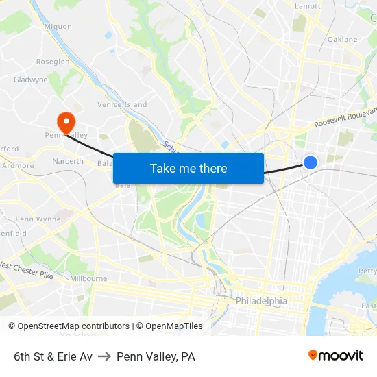 6th St & Erie Av to Penn Valley, PA map