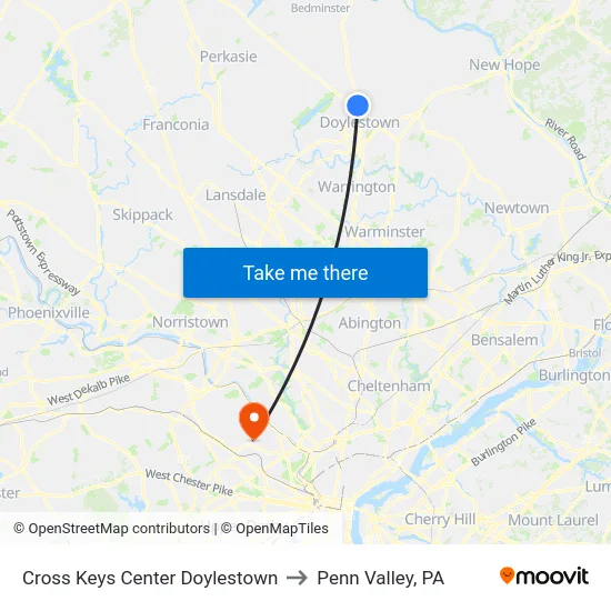 Cross Keys Center Doylestown to Penn Valley, PA map