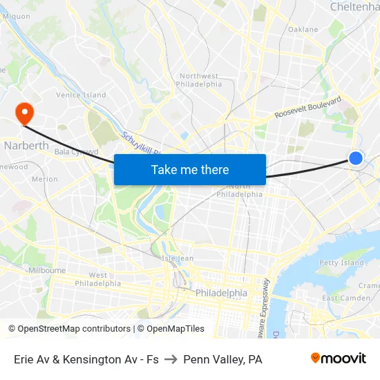 Erie Av & Kensington Av - Fs to Penn Valley, PA map