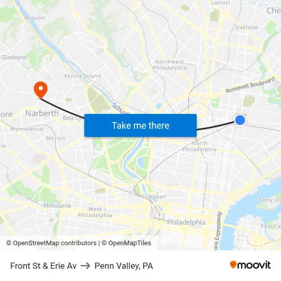 Front St & Erie Av to Penn Valley, PA map