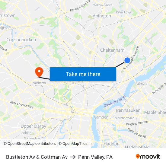 Bustleton Av & Cottman Av to Penn Valley, PA map