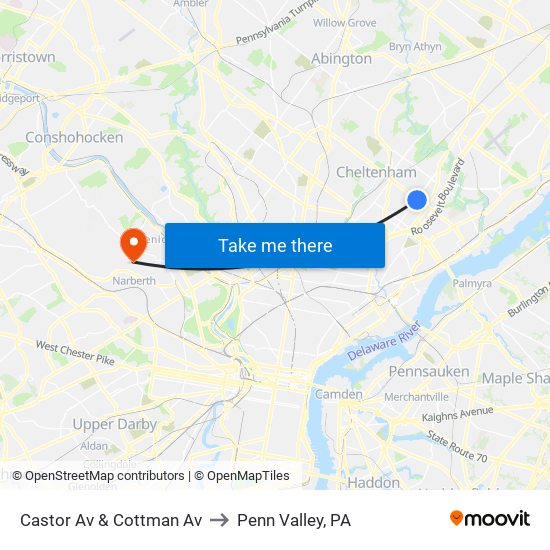 Castor Av & Cottman Av to Penn Valley, PA map