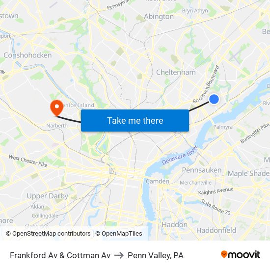 Frankford Av & Cottman Av to Penn Valley, PA map