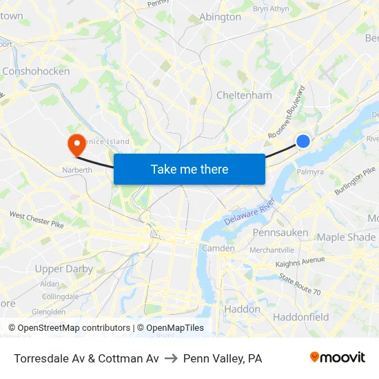 Torresdale Av & Cottman Av to Penn Valley, PA map