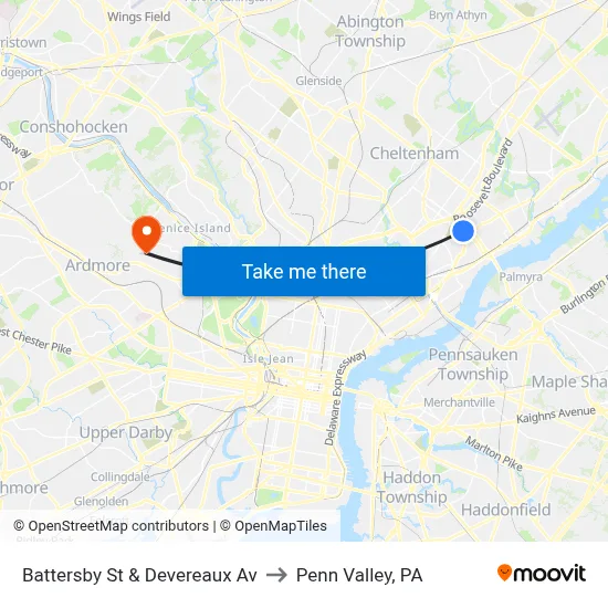 Battersby St & Devereaux Av to Penn Valley, PA map
