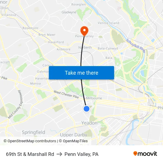 69th St & Marshall Rd to Penn Valley, PA map