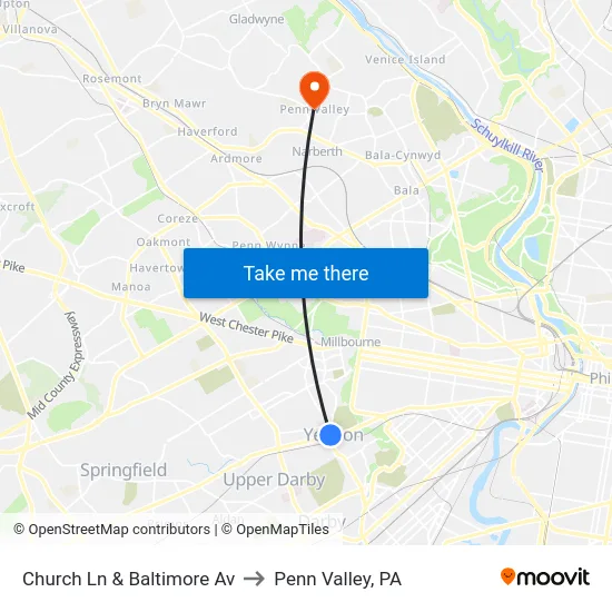 Church Ln & Baltimore Av to Penn Valley, PA map