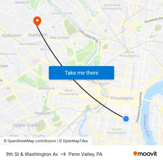 9th St & Washington Av to Penn Valley, PA map