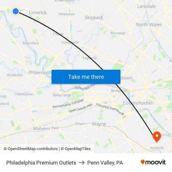 Philadelphia Premium Outlets to Penn Valley, PA map