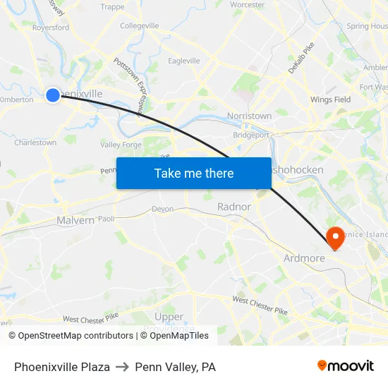 Phoenixville Plaza to Penn Valley, PA map